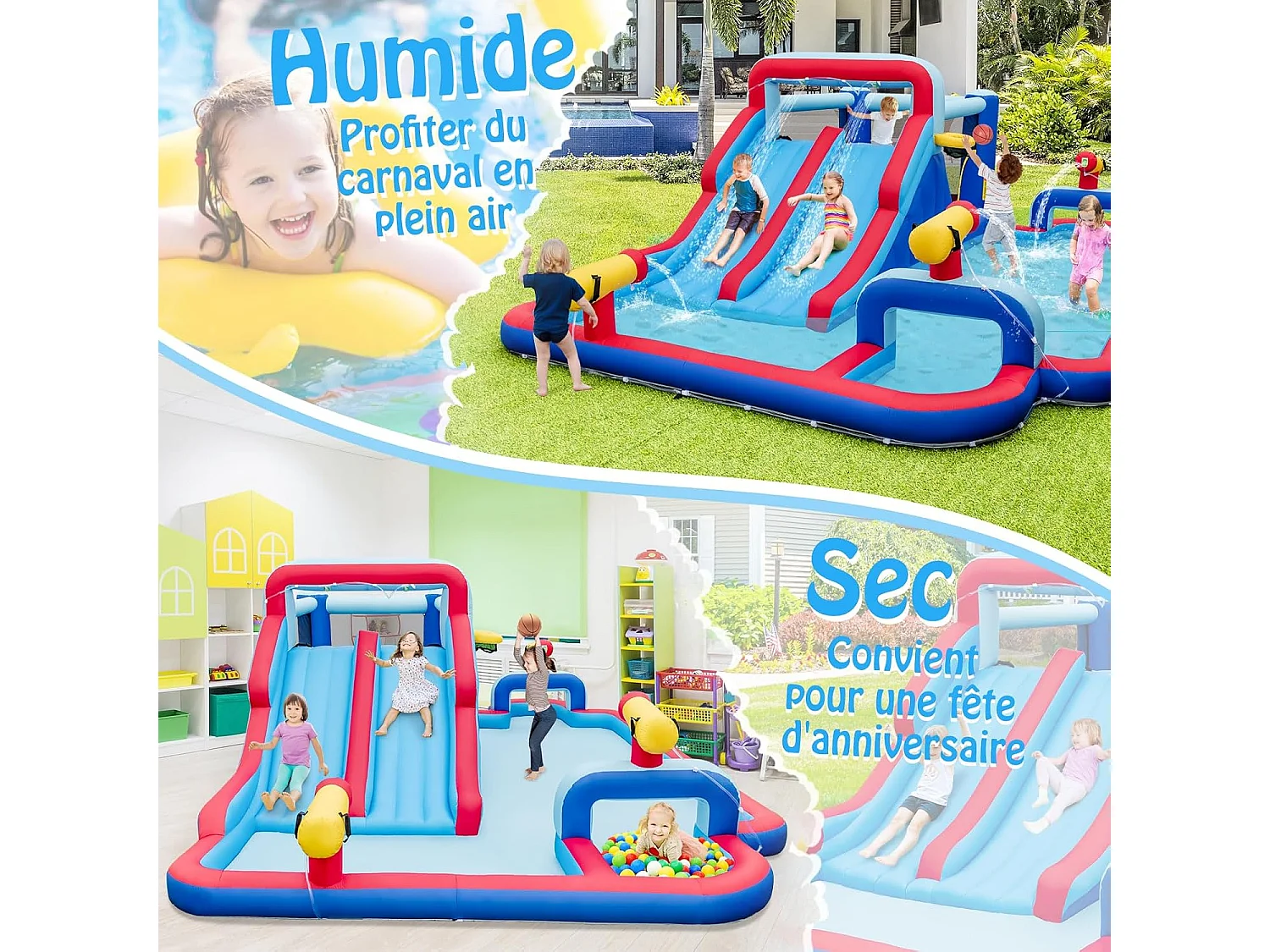 9 en 1 Château Gonflable avec Doubles Toboggans Aquatiques & Piscine, Aire de Jeux Gonflable avec Zone de Saut & 3 Canons à Eau, Charge 135kg, pour 3-5 Ans