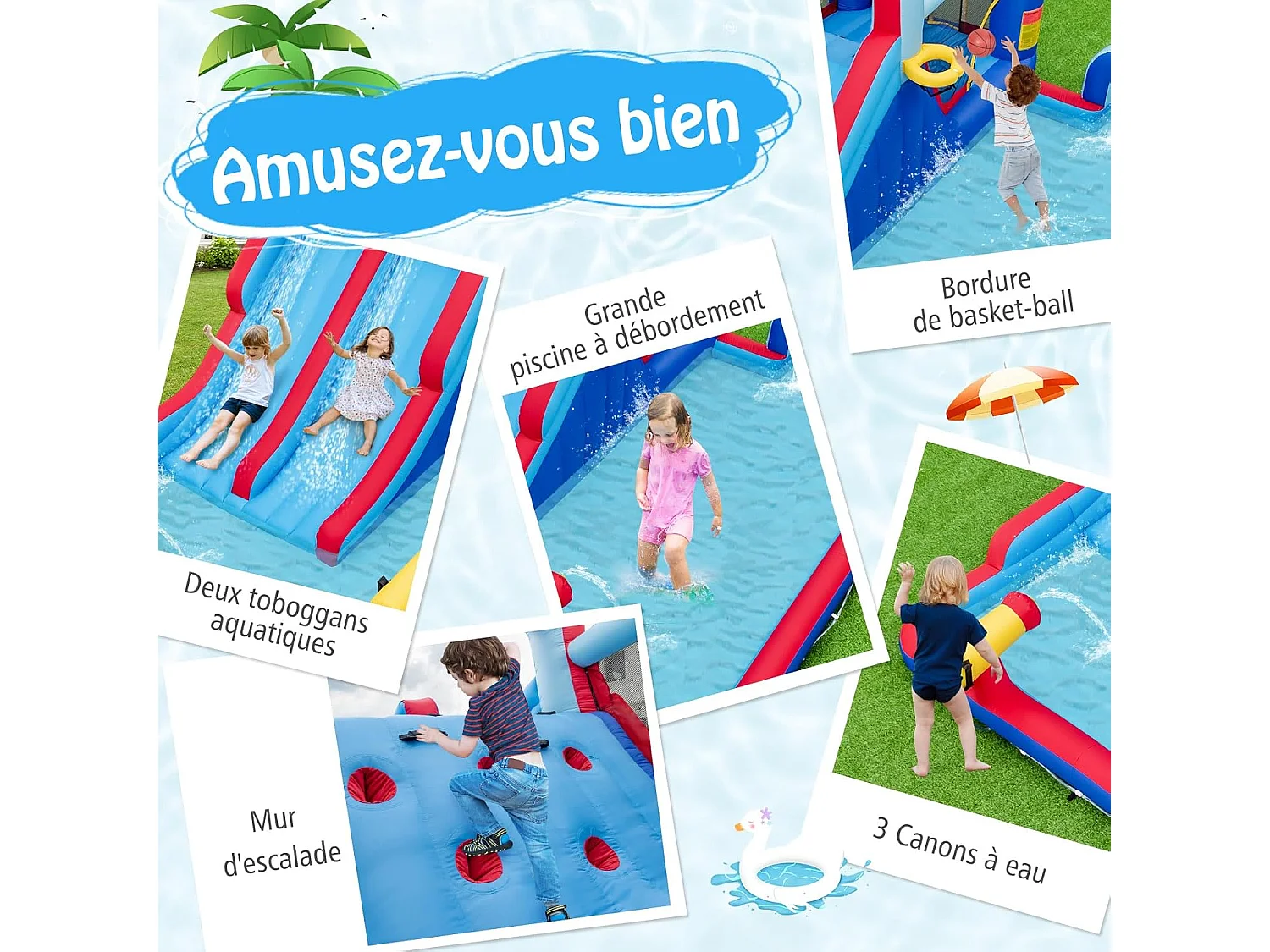 9 en 1 Château Gonflable avec Doubles Toboggans Aquatiques & Piscine, Aire de Jeux Gonflable avec Zone de Saut & 3 Canons à Eau, Charge 135kg, pour 3-5 Ans