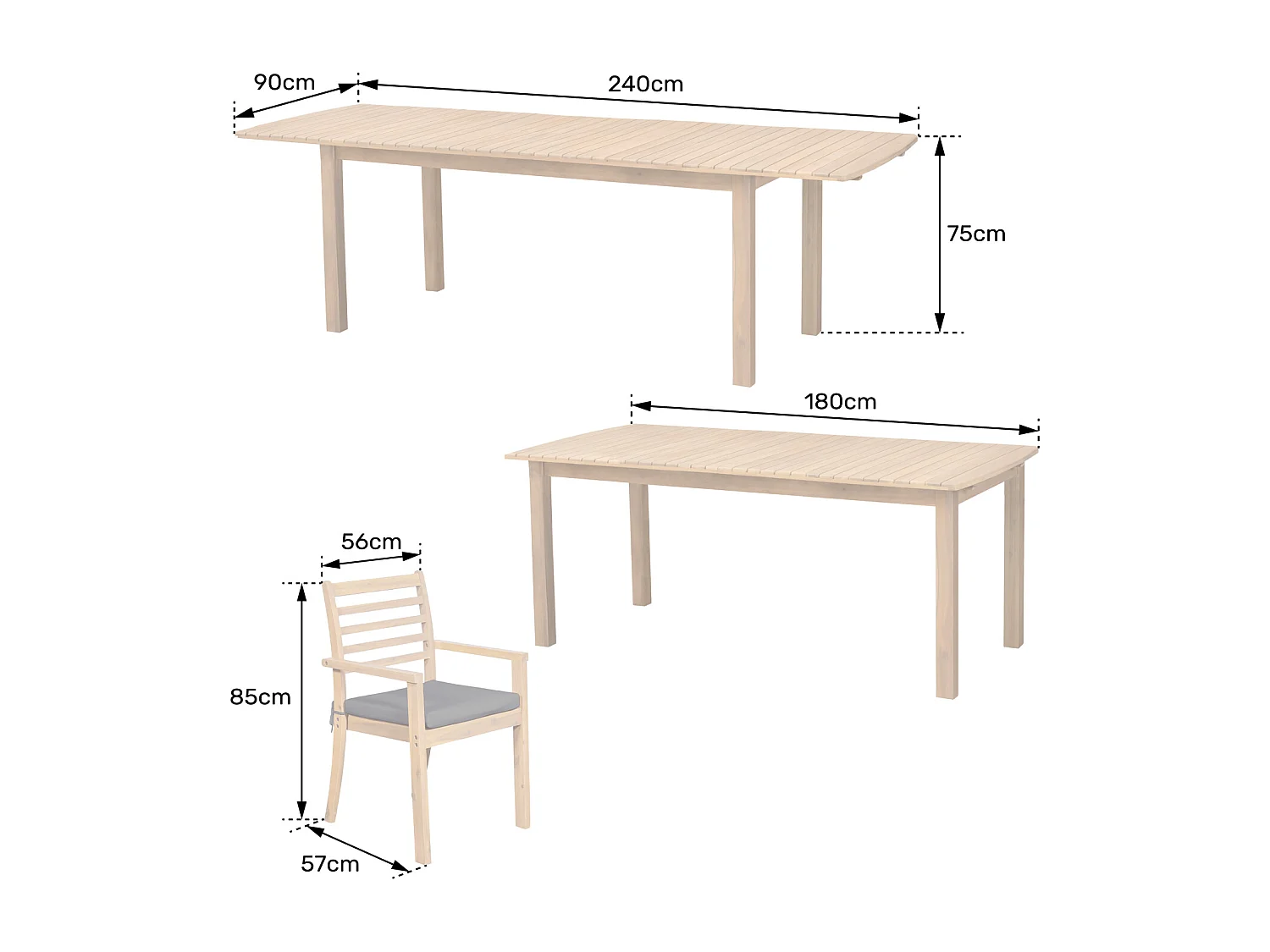 Salon de jardin extensible 180/240cm PADAR en acacia 8 places - coussins sable