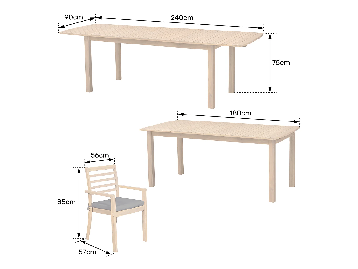 Salon de jardin extensible 180/240cm PADAR en acacia massif 8 places - coussins sable
