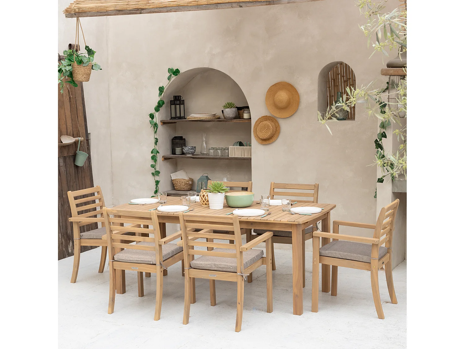 Salon de jardin extensible 180/240cm PADAR en acacia massif 8 places - coussins sable