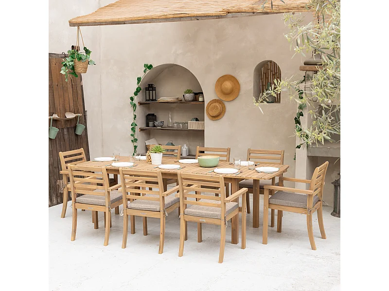 Set di mobili da giardino allungabili 180/240cm PADAR in legno di acacia 8 posti - cuscini sabbia - HAPPY GARDEN