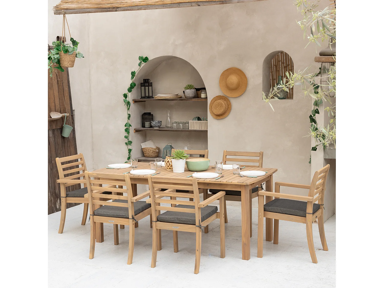 Conjunto de mobiliário de jardim extensível 180/240cm PADAR em madeira de acácia 8 lugares - almofadas cinzentas