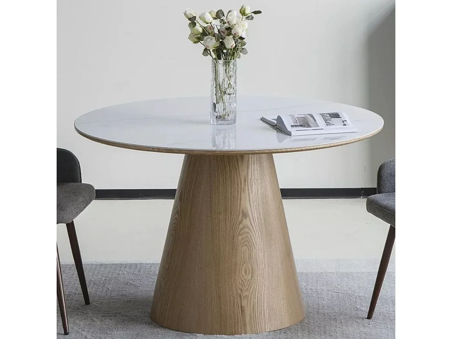 Table ronde 120 cm en céramique blanc brillant style marbre et pied bois SORIN