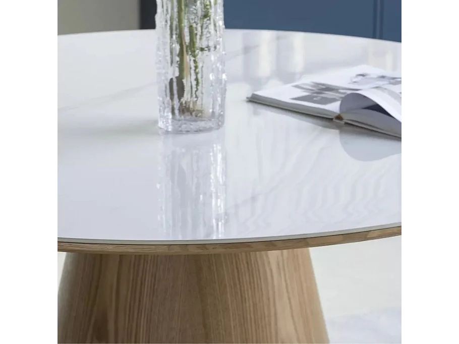 Table ronde 120 cm en céramique blanc brillant style marbre et pied bois SORIN