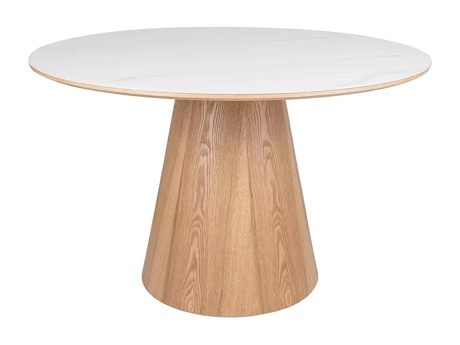 Table ronde 120 cm en céramique blanc brillant style marbre et pied bois SORIN