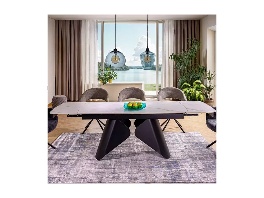 Table extensible 160 + 80cm, plateau céramique effet marbre blanc mat Urbain