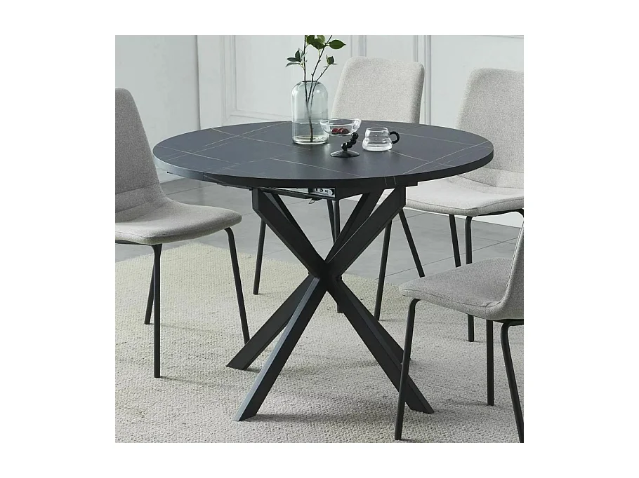 Table noire ronde 100 cm extensible style marbre pieds métal Larry