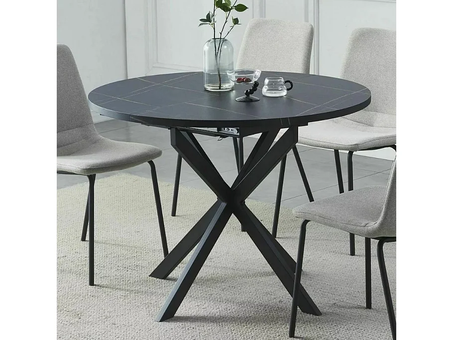 Table noire ronde 100 cm extensible style marbre pieds métal Larry