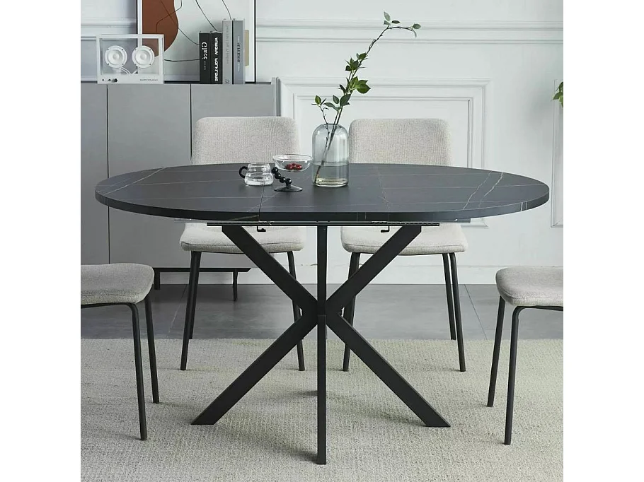 Table noire ronde 100 cm extensible style marbre pieds métal Larry