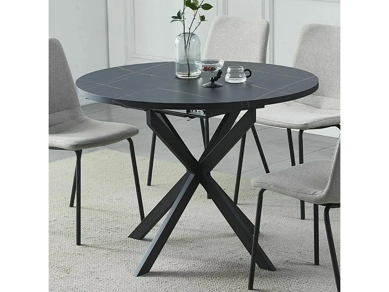 Table noire ronde 100 cm extensible style marbre pieds métal Larry
