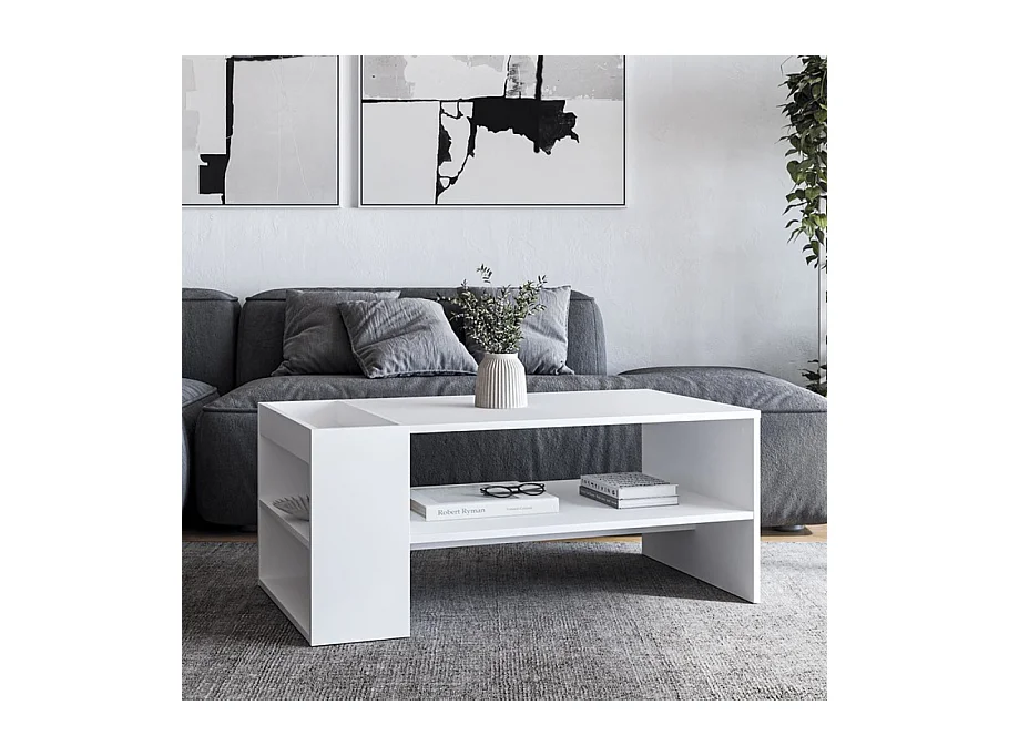Table basse contemporaine blanche 100 x 55 cm avec étagères LORIE