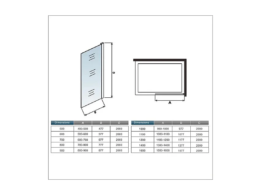 AICA Paroi de douche à l'italienne L120 x H200cm style moderne — Noir mat—8mm verre anticalcaire, Installation réversible et Accès facile