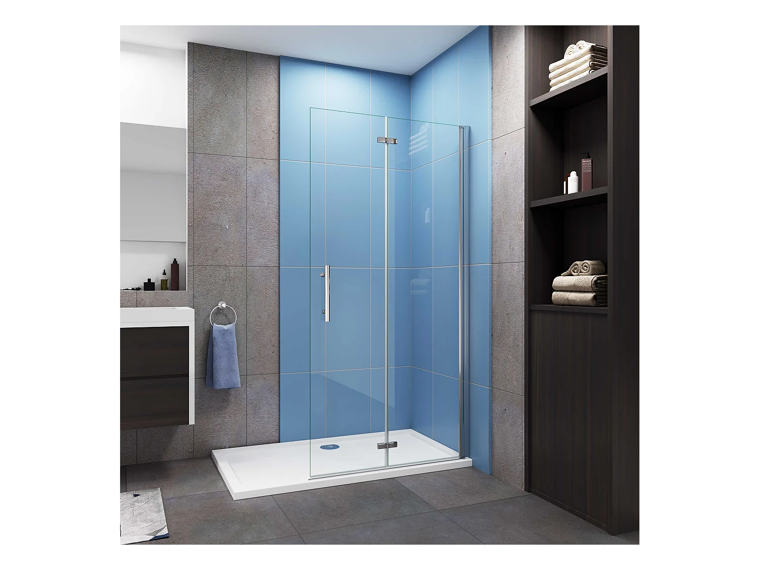 AICA Paroi de douche à l'italienne chrome L95 x H185cm style atelier —pivotante et pliante—6mm verre anticalcaire, Installation réversible