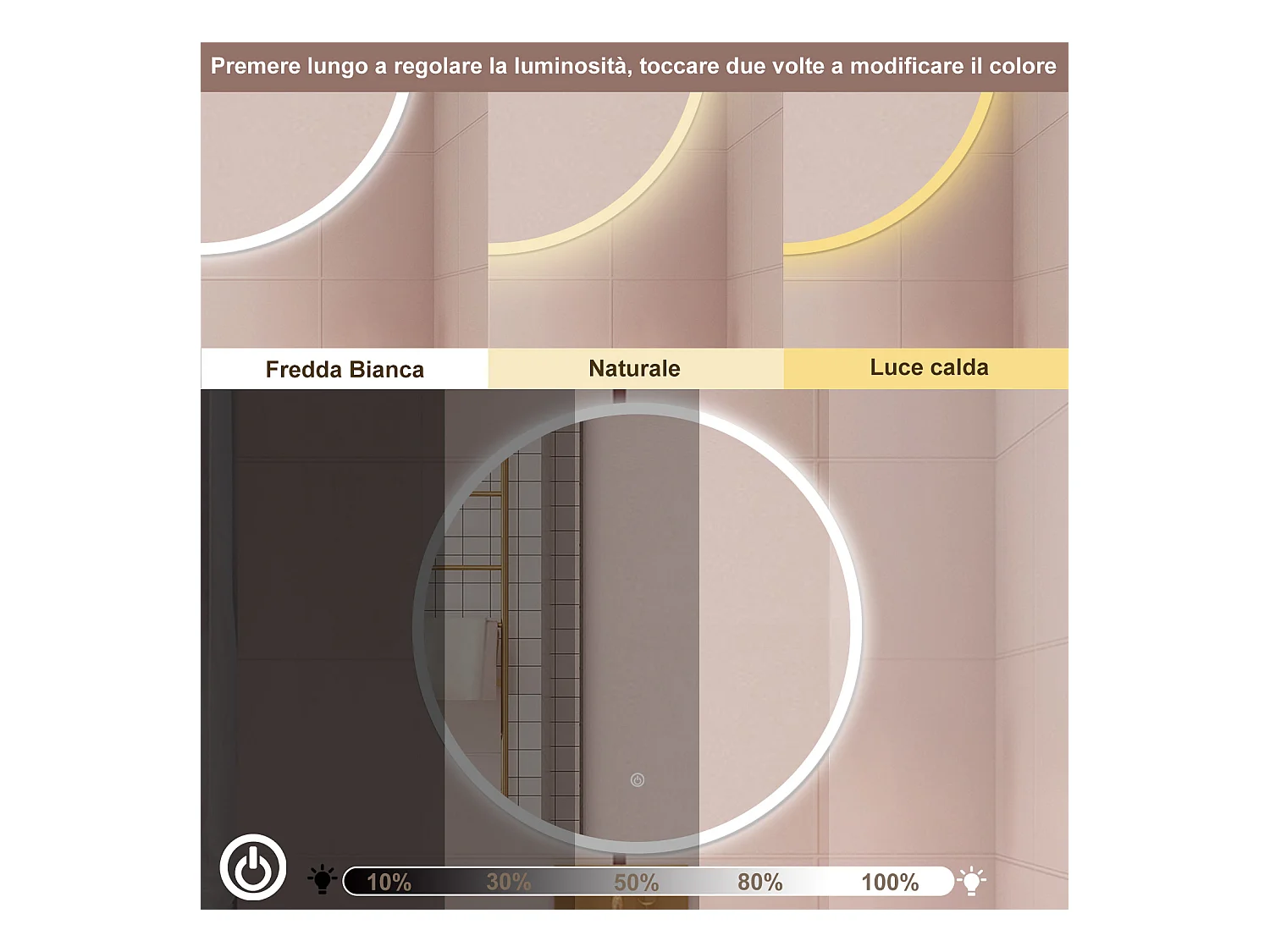 AICA Specchio da bagno 120 x 120 cm, 3 colori, antiappannamento, dimmerabile, interruttore touch, Funzione Memoria