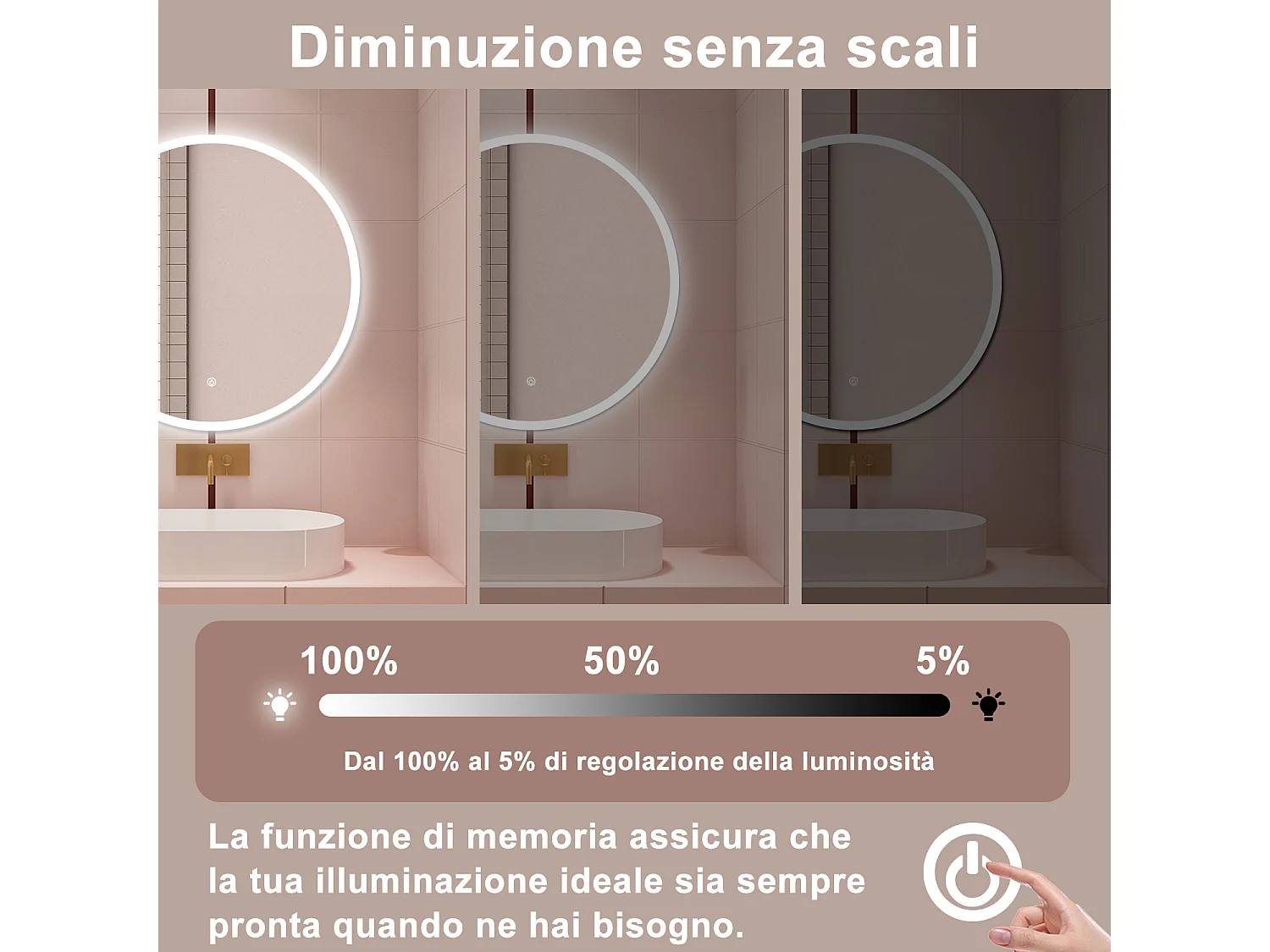 AICA Specchio da bagno 80 x 80 cm, antiappannamento, dimmerabile, interruttore touch, Funzione Memoria