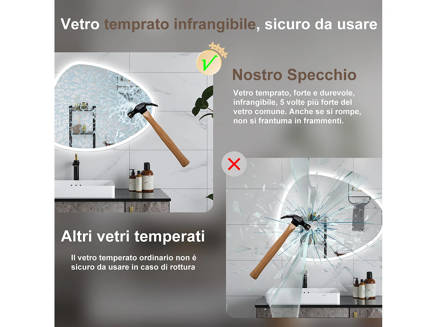 AICA Specchio da bagno  80 x 65 cm, dimmerabile, Funzione Memoria, antiappannamento, 3 colori