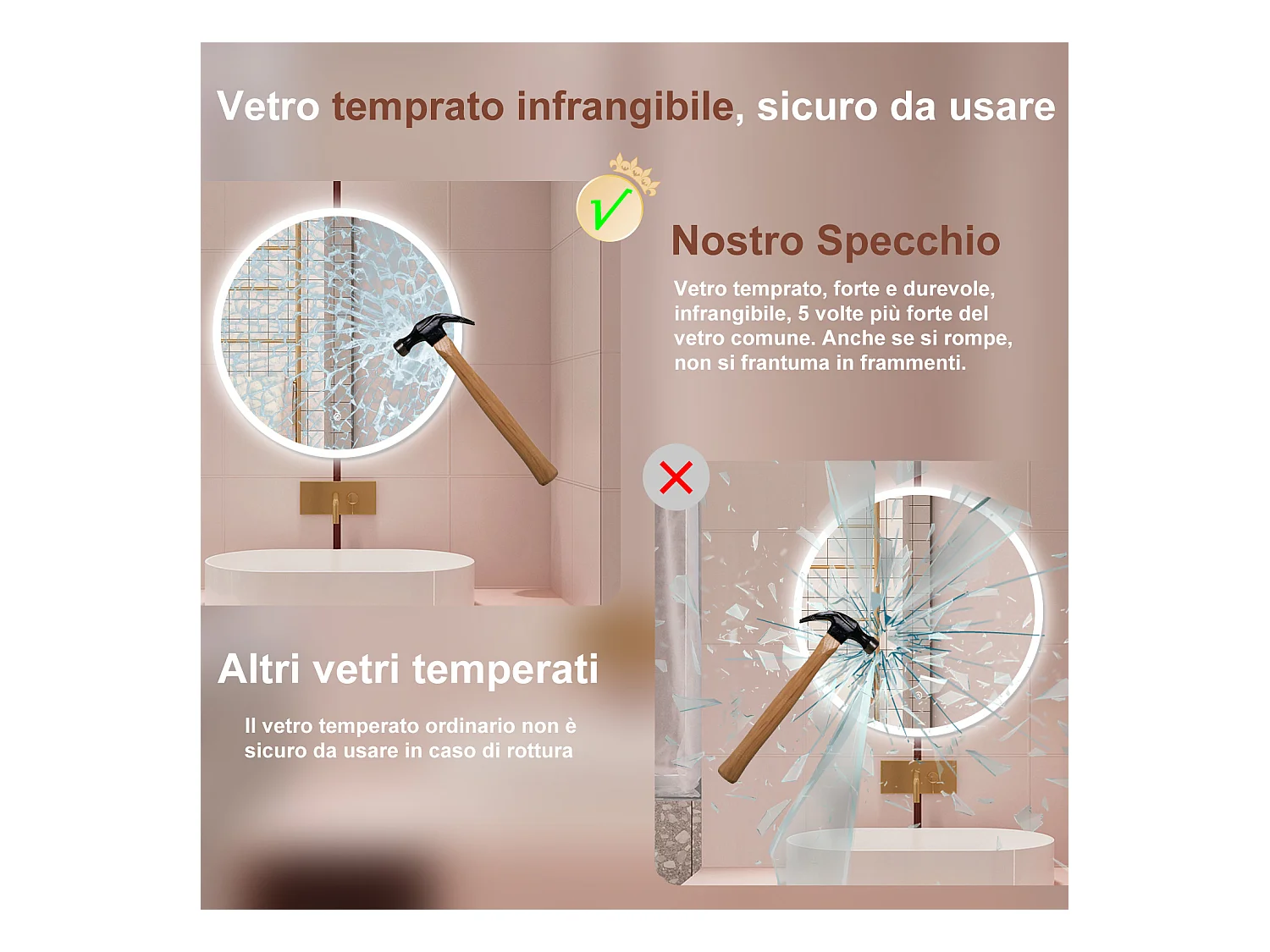 AICA Specchio da bagno 90 x 90 cm, 3 colori, antiappannamento, dimmerabile, interruttore touch, Funzione Memoria