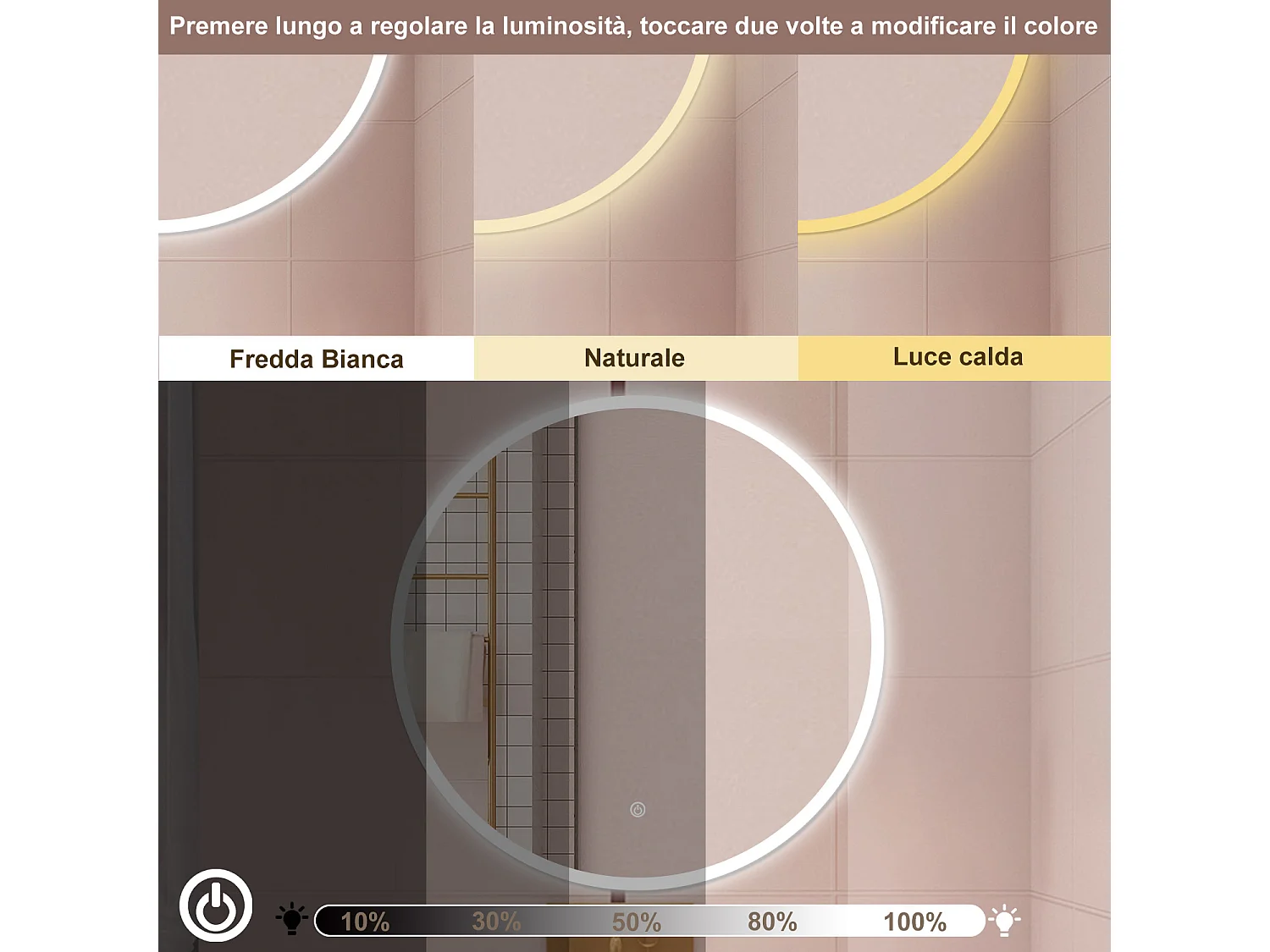 AICA Specchio da bagno 90 x 90 cm, 3 colori, antiappannamento, dimmerabile, interruttore touch, Funzione Memoria