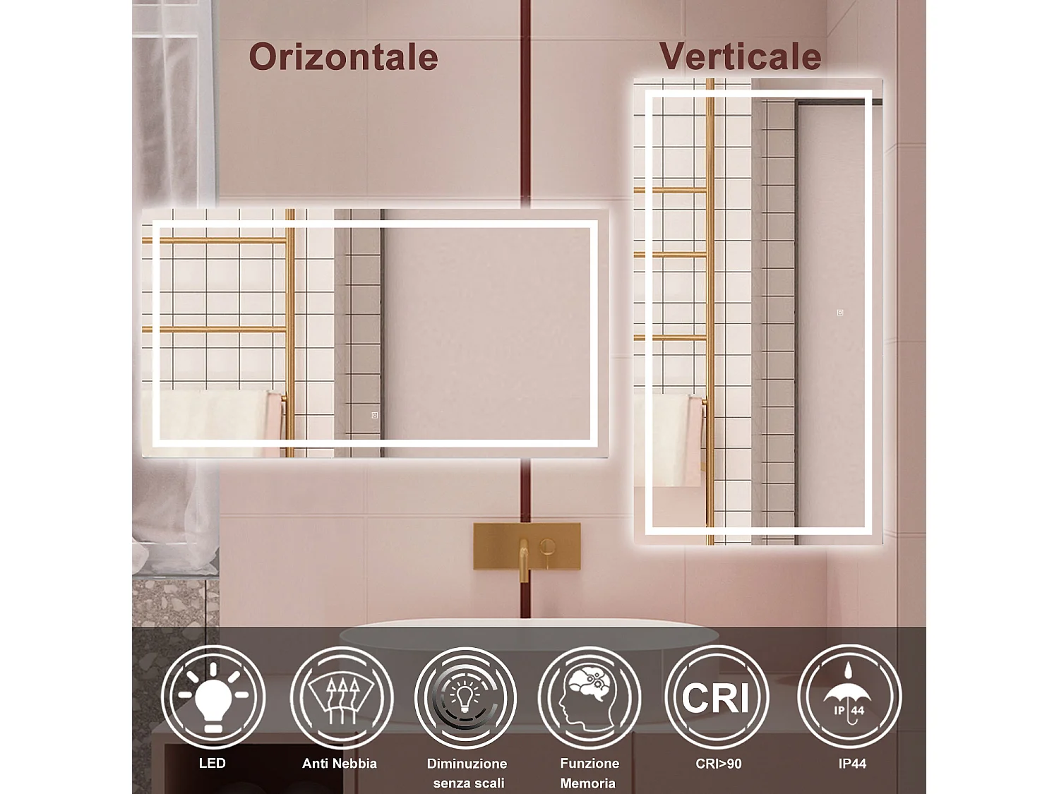 AICA Specchio da bagno  80 x 120 cm, dimmerabile, interruttore touch, Funzione Memoria, antiappannamento