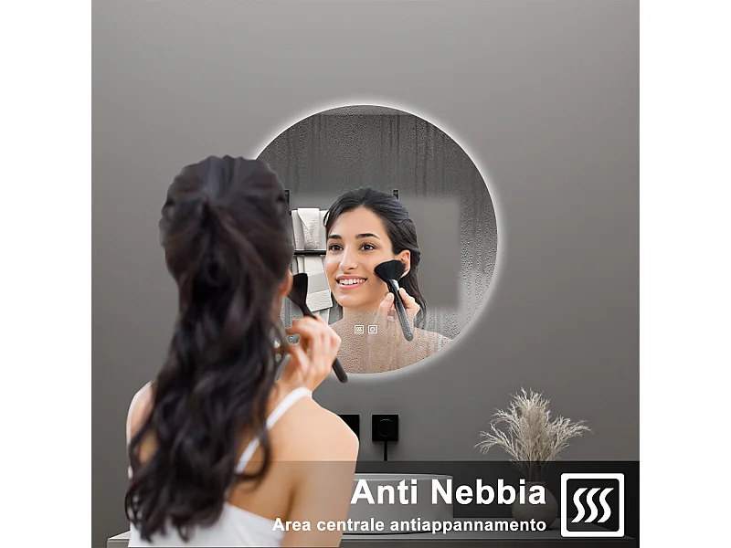 AICA Specchio da bagno 90 x 90 cm, 3 colori, antiappannamento, dimmerabile, interruttore touch, Funzione Memoria