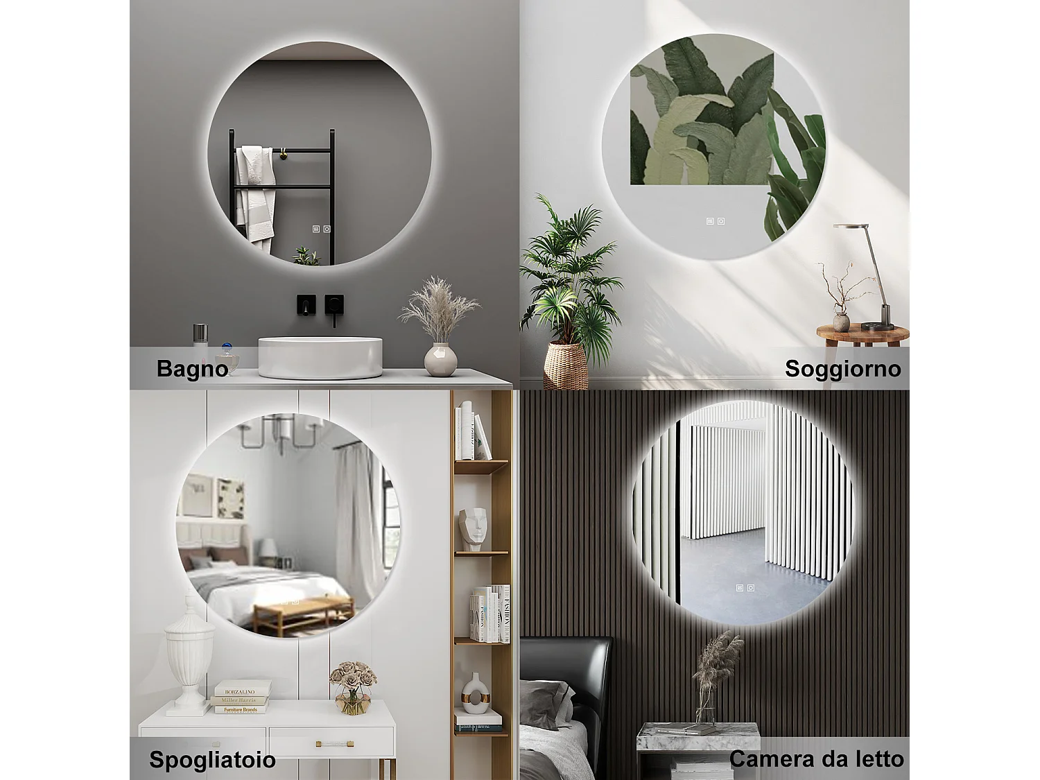 AICA Specchio da bagno 90 x 90 cm, 3 colori, antiappannamento, dimmerabile, interruttore touch, Funzione Memoria