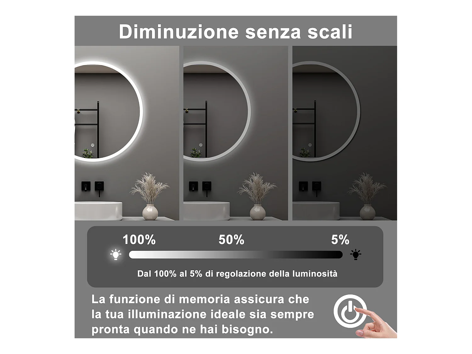 AICA Specchio da bagno 80 x 80 cm, antiappannamento, dimmerabile, interruttore touch, Funzione Memoria