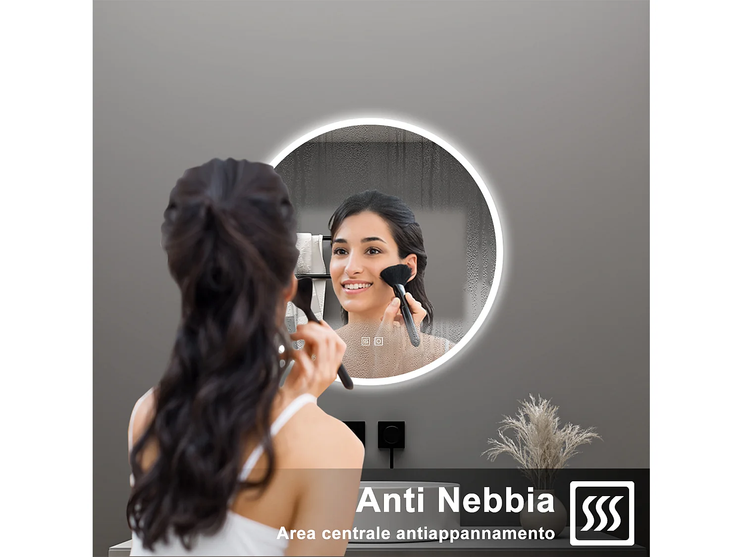 AICA Specchio da bagno 70 x 70 cm, 3 colori, antiappannamento, dimmerabile, interruttore touch, Funzione Memoria