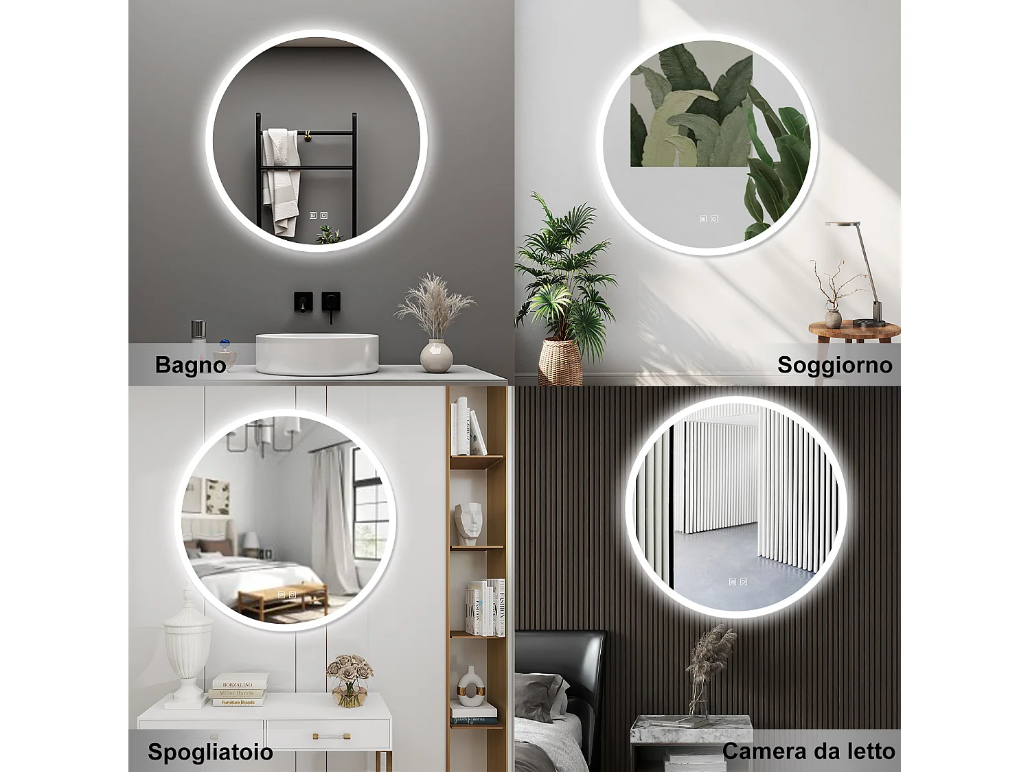 AICA Specchio da bagno 70 x 70 cm, 3 colori, antiappannamento, dimmerabile, interruttore touch, Funzione Memoria