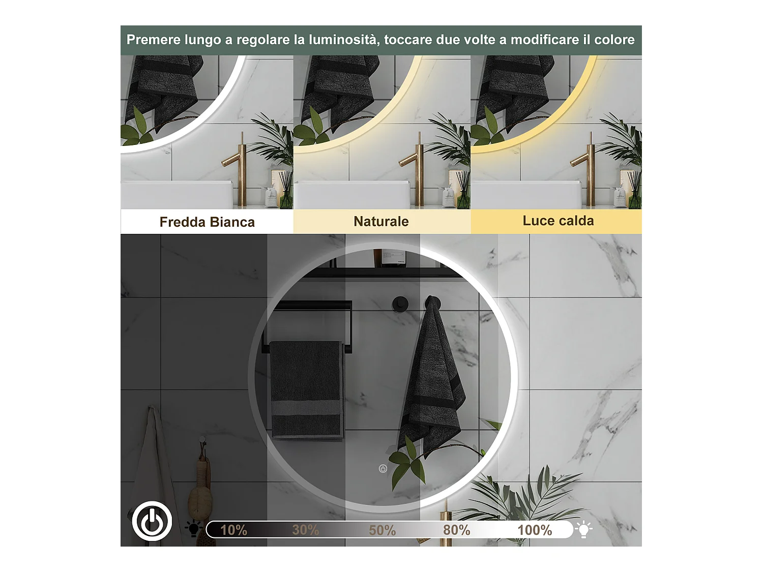 AICA Specchio da bagno 120 x 120 cm, 3 colori, antiappannamento, dimmerabile, interruttore touch, Funzione Memoria