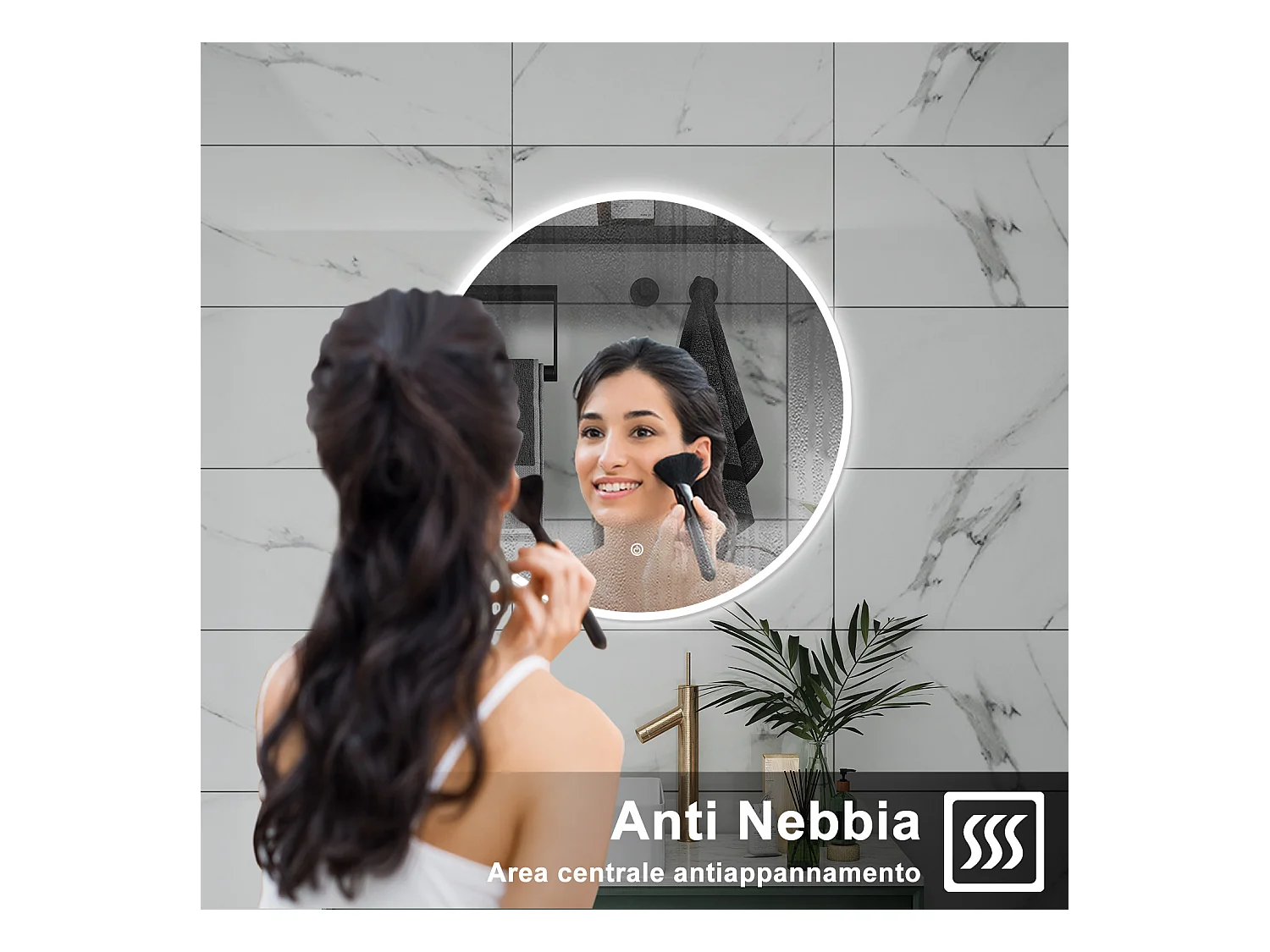 AICA Specchio da bagno 120 x 120 cm, 3 colori, antiappannamento, dimmerabile, interruttore touch, Funzione Memoria