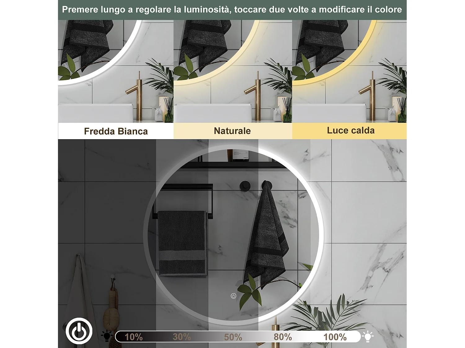 AICA Specchio da bagno 120 x 120 cm, 3 colori, antiappannamento, dimmerabile, interruttore touch, Funzione Memoria