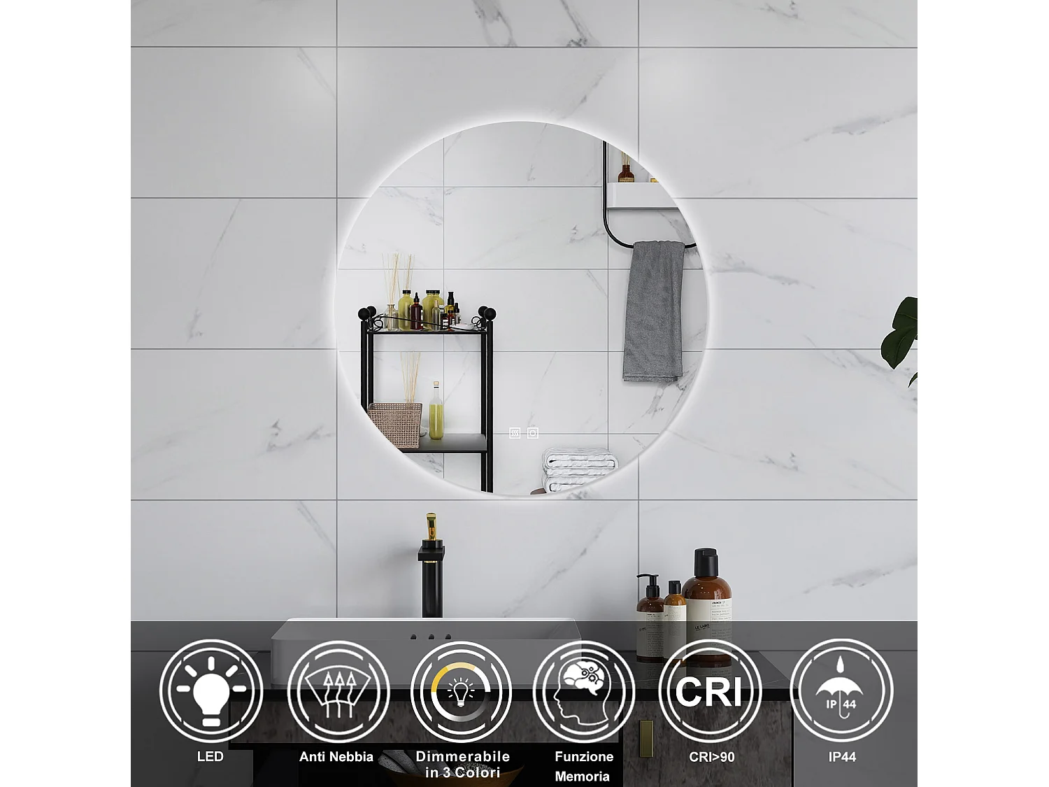 AICA Specchio da bagno 60 x 60 cm, 3 colori, antiappannamento, dimmerabile, interruttore touch, Funzione Memoria
