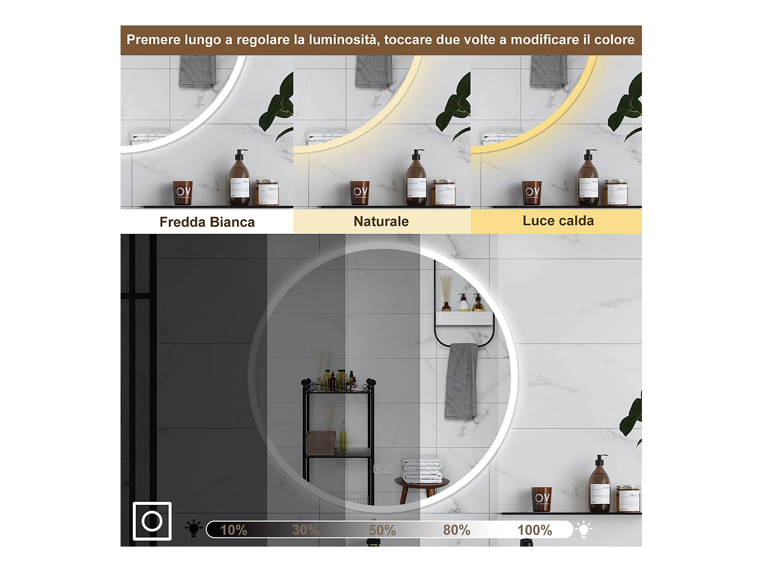 AICA Specchio da bagno 80 x 80 cm, blue tooth, 3 colori, antiappannamento, dimmerabile, interruttore touch, Funzione Memoria
