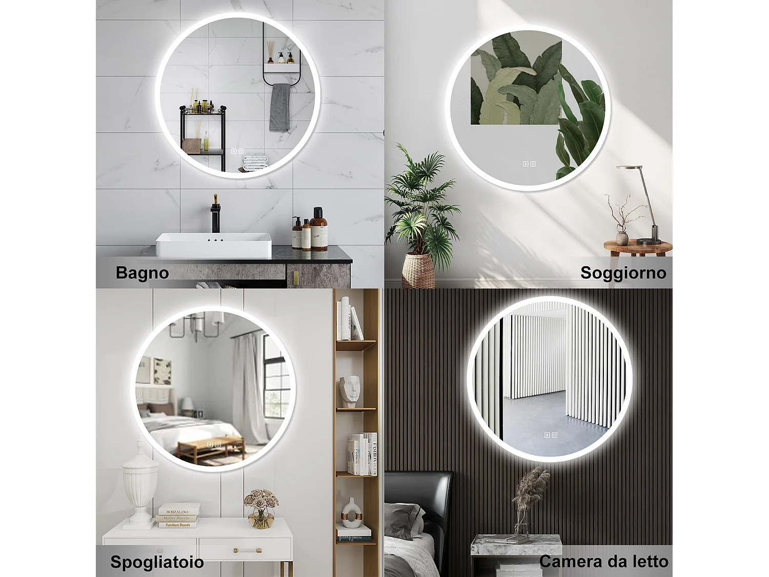 AICA Specchio da bagno 80 x 80 cm, blue tooth, 3 colori, antiappannamento, dimmerabile, interruttore touch, Funzione Memoria