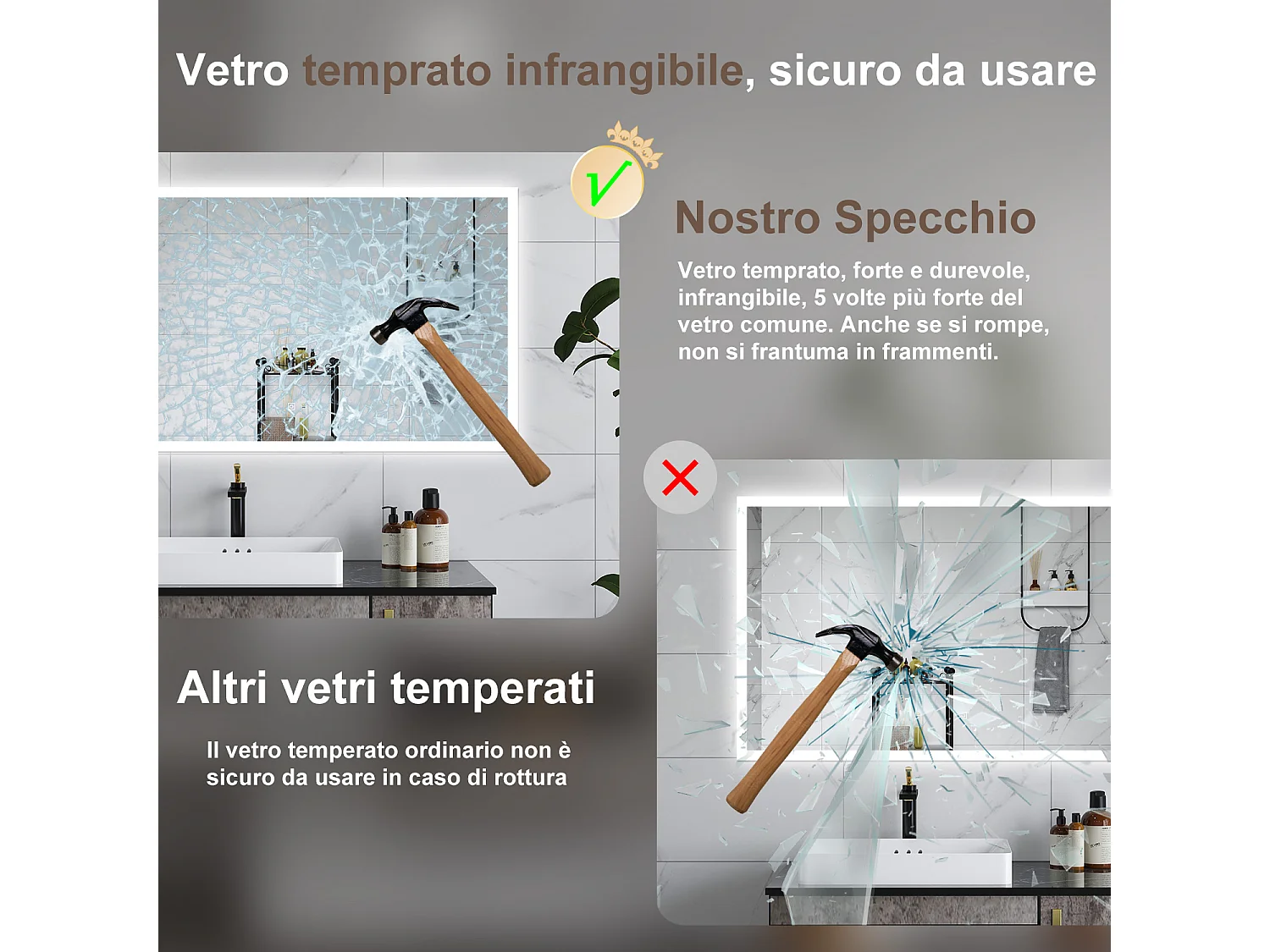 AICA Specchio da bagno  120 x 70 cm, dimmerabile, Funzione Memoria, antiappannamento, 3 colori