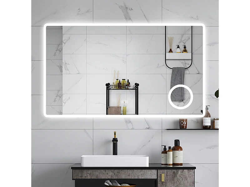 AICA Specchio da bagno  100 x 60 cm, dimmerabile, Blue tooth, Funzione Memoria, antiappannamento, 3 colori, Magnificatore