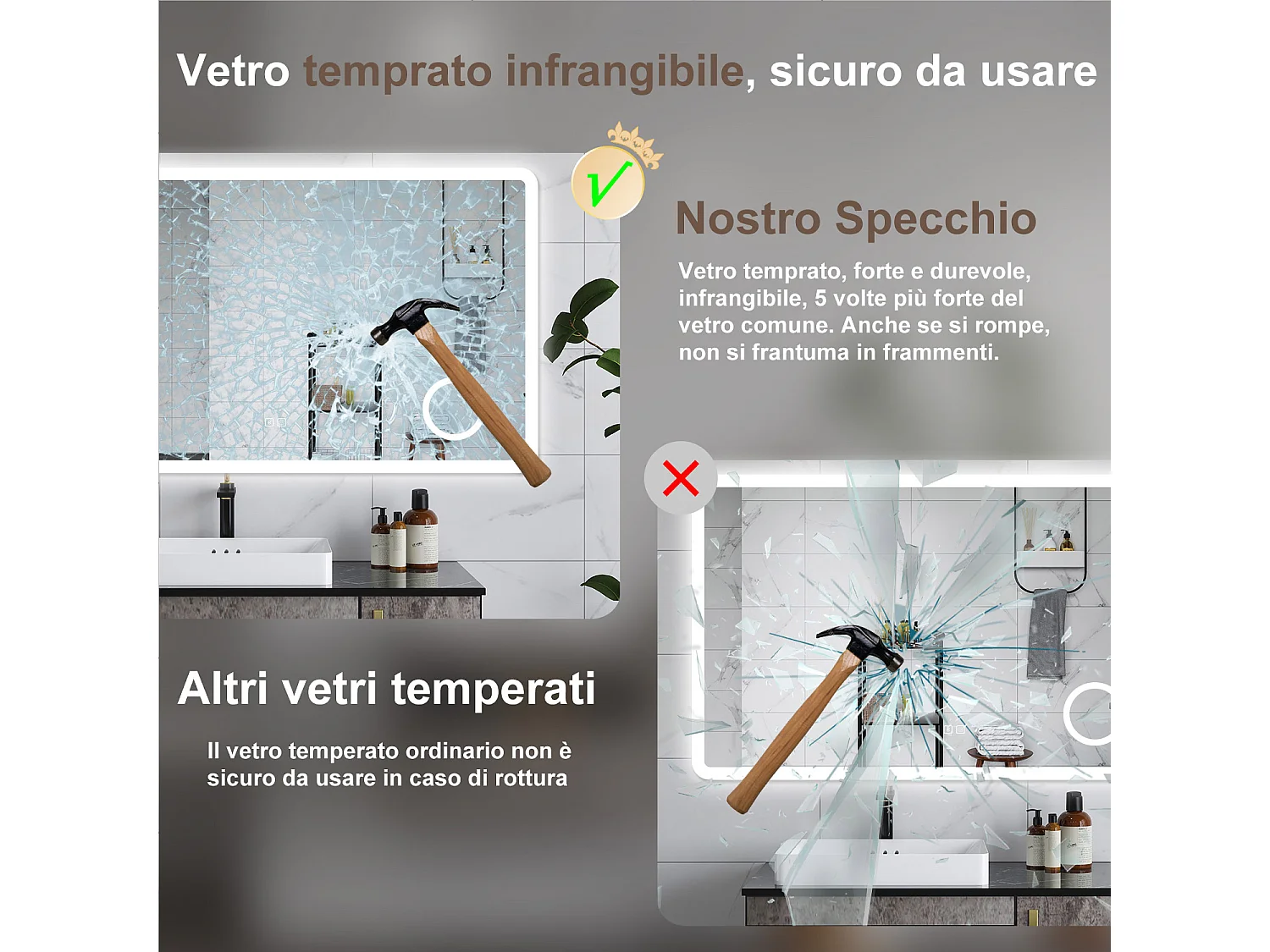 AICA Specchio da bagno  100 x 60 cm, dimmerabile, Blue tooth, Funzione Memoria, antiappannamento, 3 colori, Magnificatore