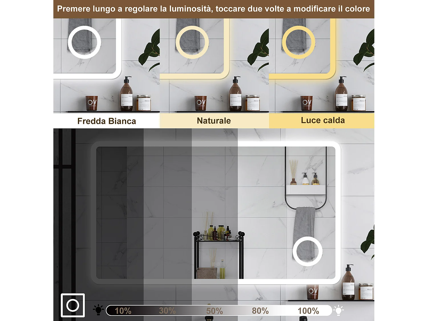 AICA Specchio da bagno  100 x 60 cm, dimmerabile, Blue tooth, Funzione Memoria, antiappannamento, 3 colori, Magnificatore