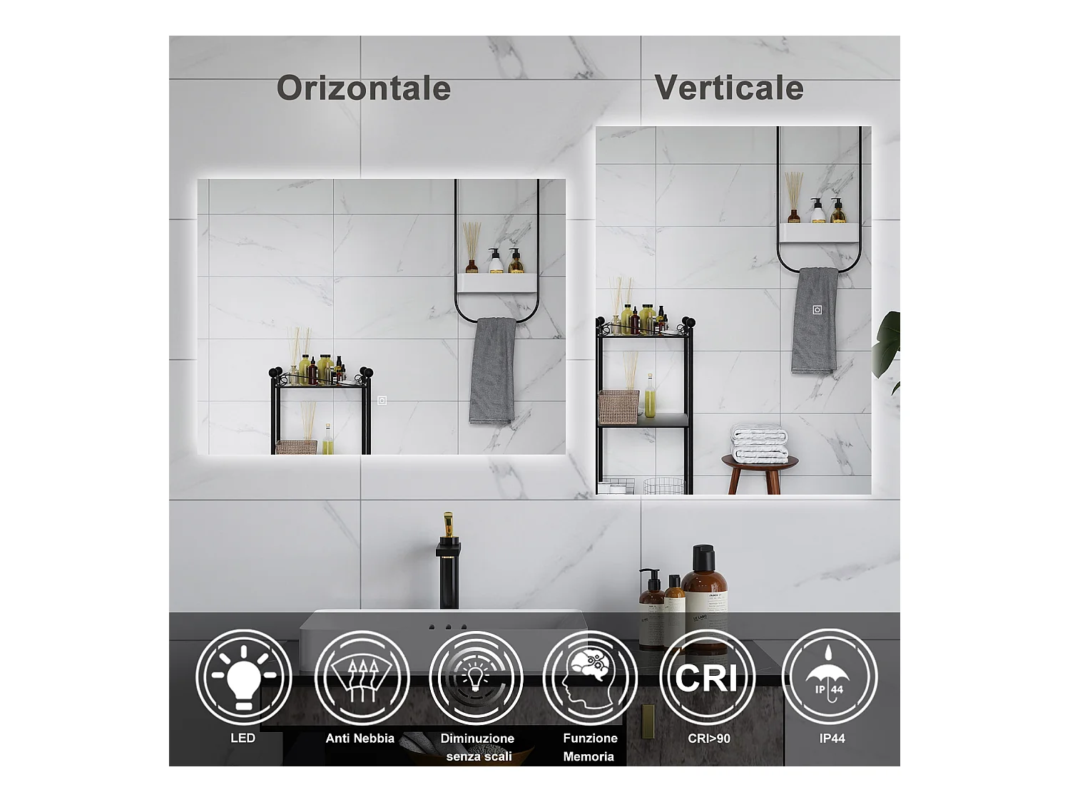 AICA Specchio da bagno 100 x 60 cm, antiappannamento, dimmerabile, interruttore touch, Funzione Memoria