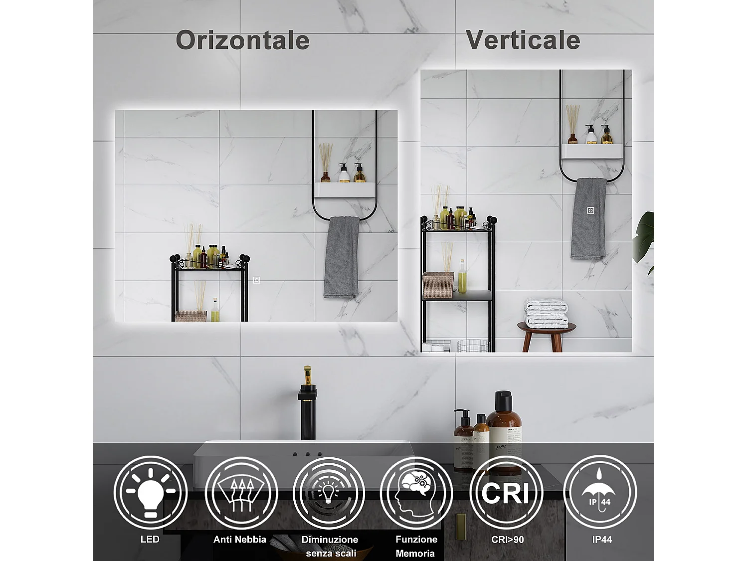 AICA Specchio da bagno 100 x 60 cm, antiappannamento, dimmerabile, interruttore touch, Funzione Memoria