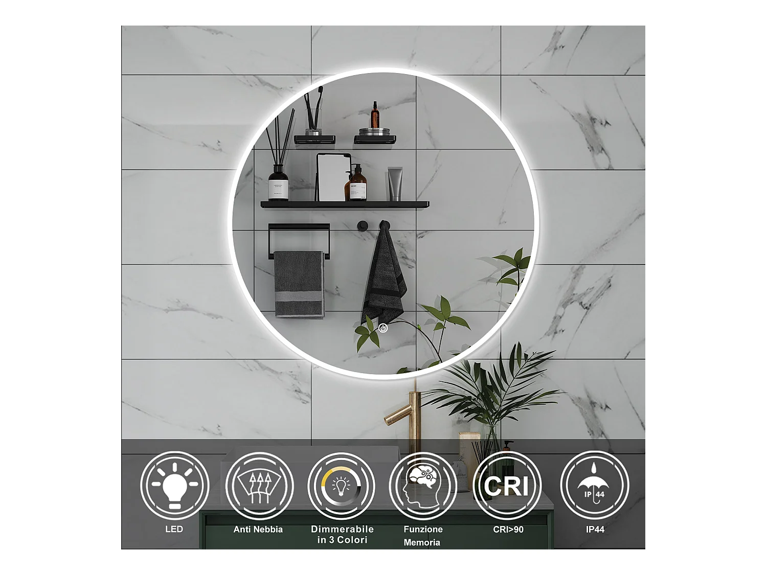AICA Specchio da bagno 70 x 70 cm, 3 colori, antiappannamento, dimmerabile, interruttore touch, Funzione Memoria