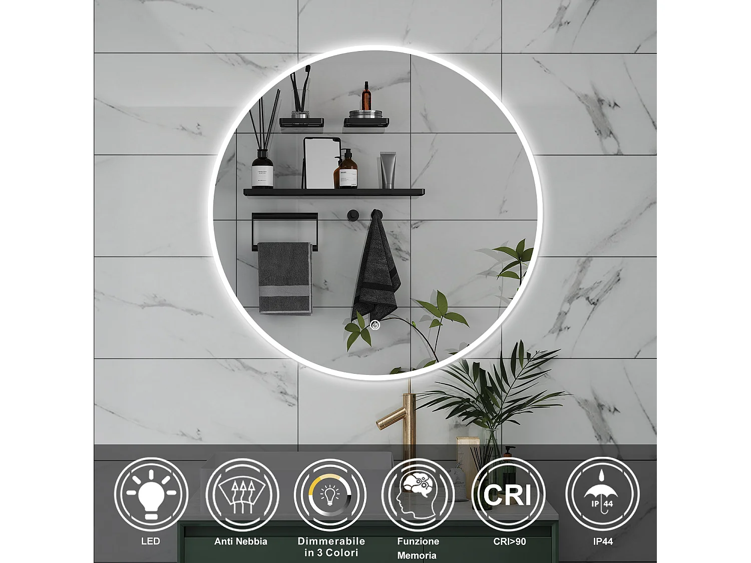 AICA Specchio da bagno 70 x 70 cm, 3 colori, antiappannamento, dimmerabile, interruttore touch, Funzione Memoria