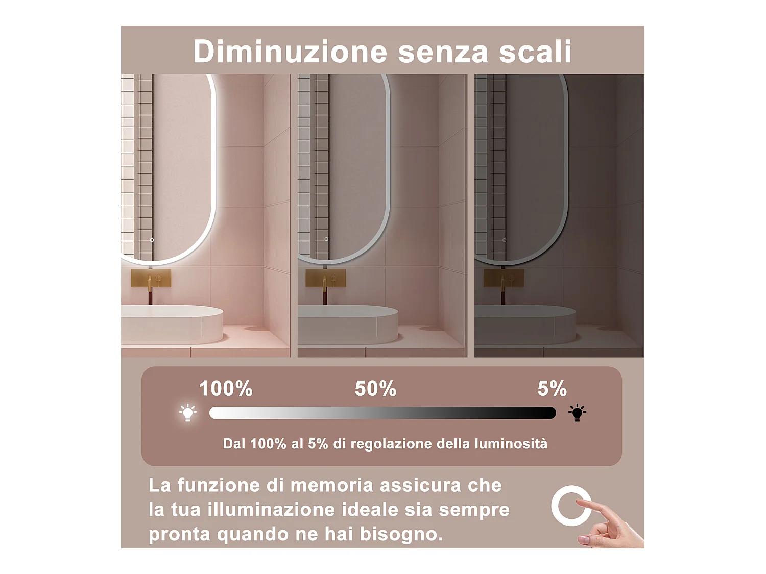 AICA Specchio da bagno 50 x 90 cm, dimmerabile，interruttore touch， Funzione Memoria, antiappannamento