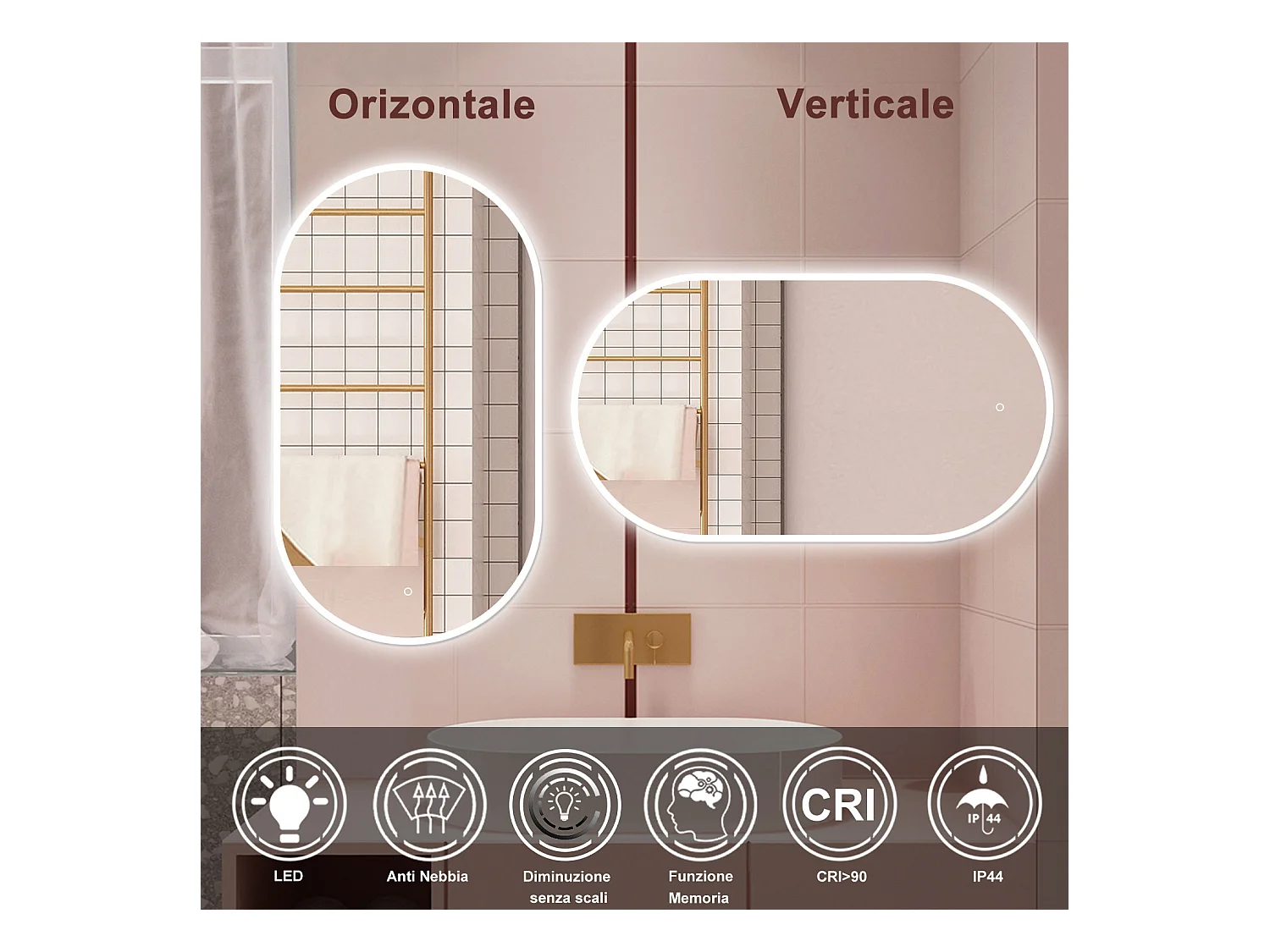 AICA Specchio da bagno 50 x 90 cm, dimmerabile，interruttore touch， Funzione Memoria, antiappannamento