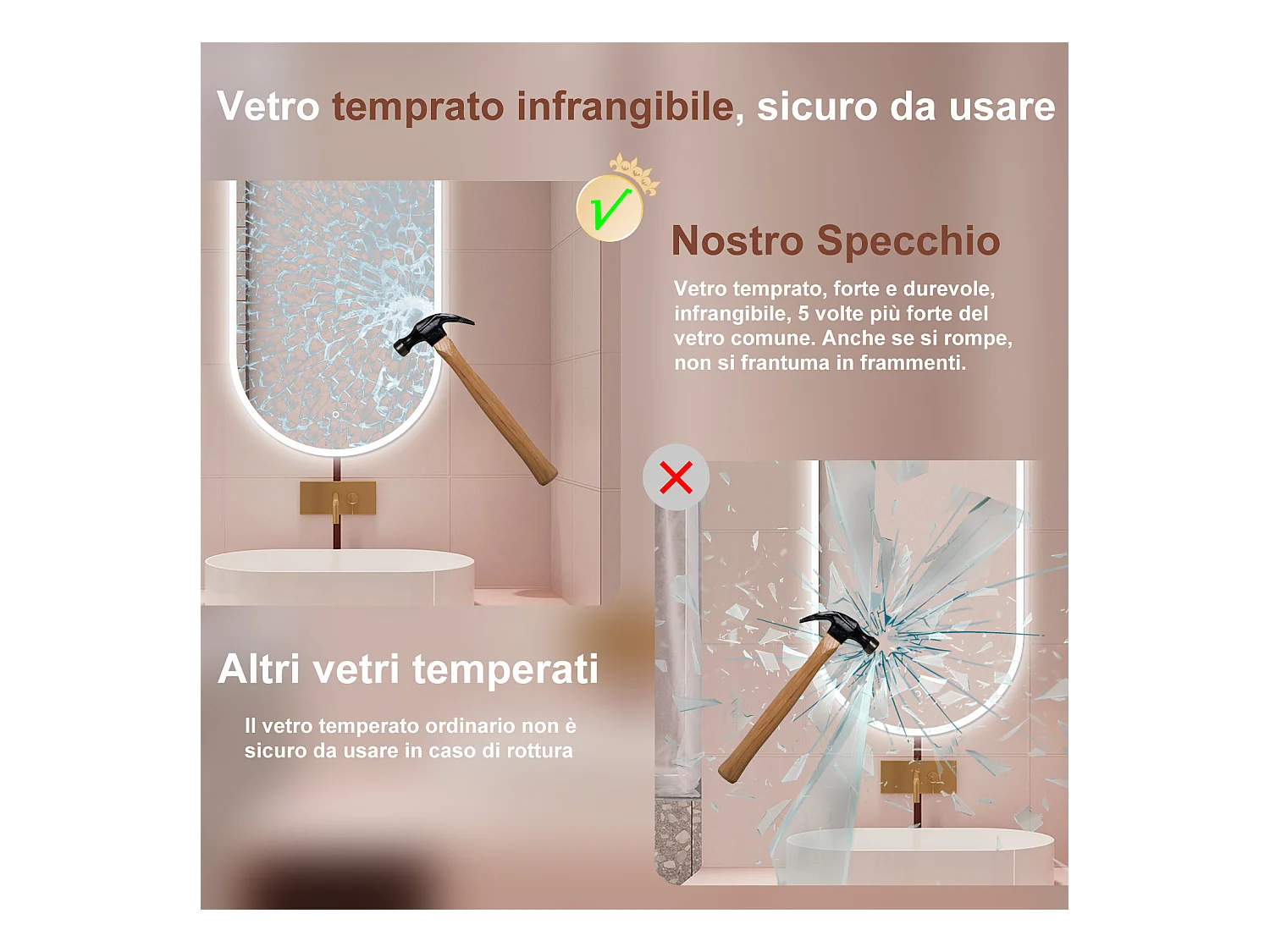 AICA Specchio da bagno 50 x 90 cm, dimmerabile，interruttore touch， Funzione Memoria, antiappannamento