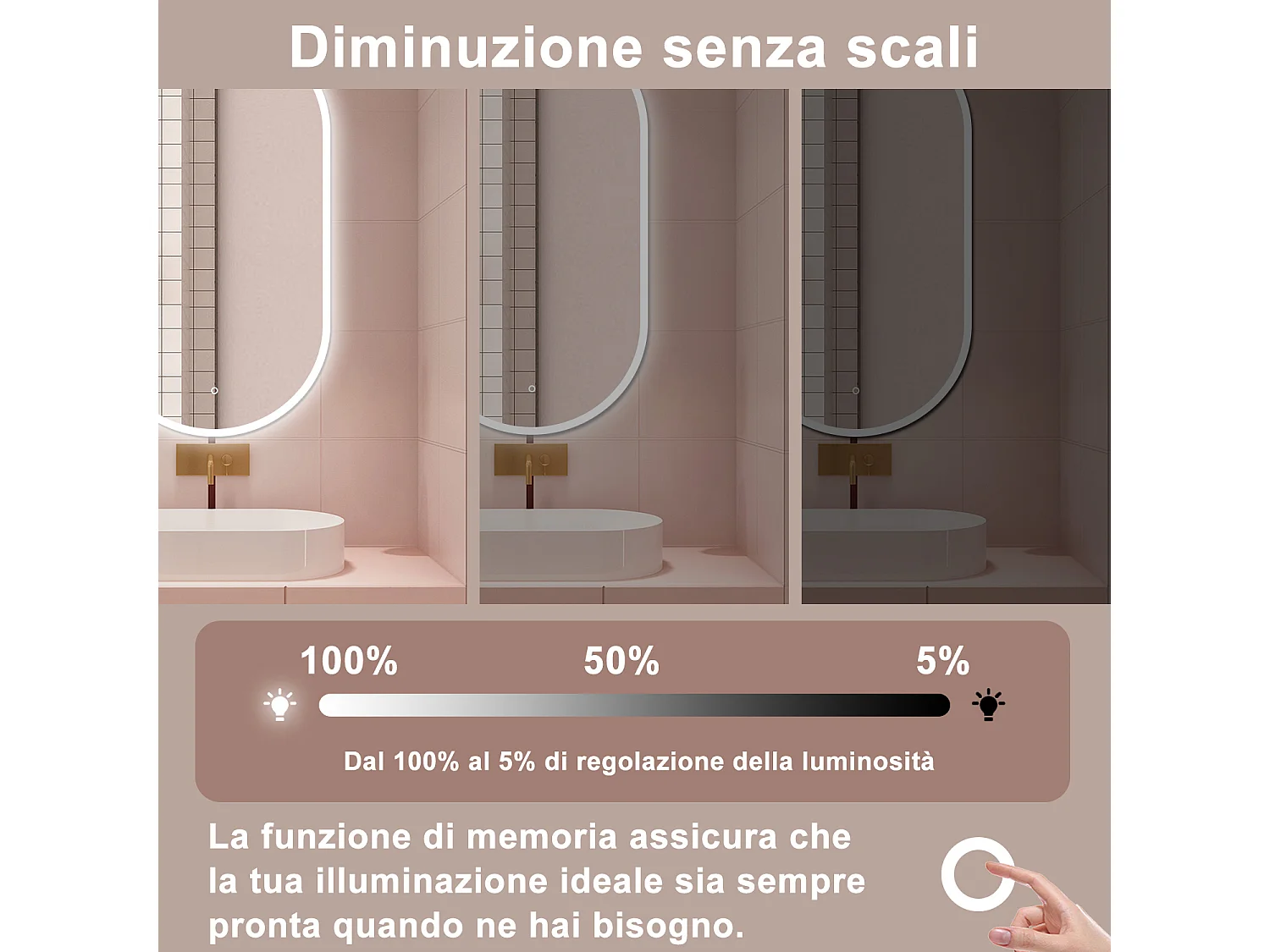 AICA Specchio da bagno 50 x 90 cm, dimmerabile，interruttore touch， Funzione Memoria, antiappannamento