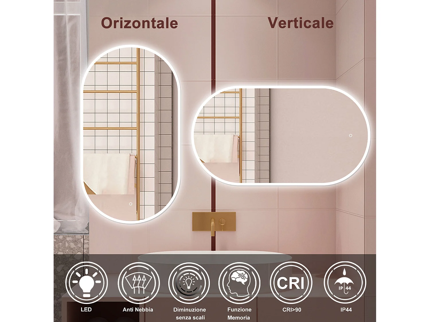 AICA Specchio da bagno 50 x 90 cm, dimmerabile，interruttore touch， Funzione Memoria, antiappannamento