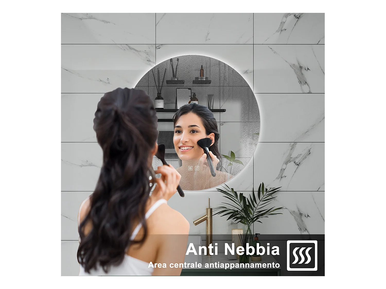 AICA Specchio da bagno 80 x 80 cm, 3 colori, antiappannamento, dimmerabile, interruttore touch, Funzione Memoria