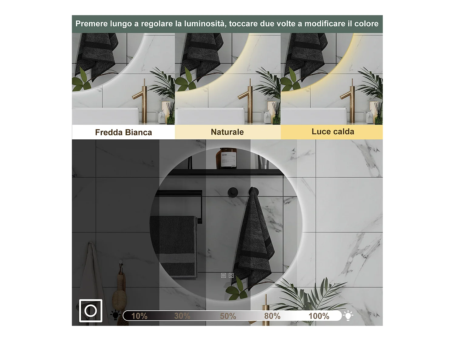 AICA Specchio da bagno 80 x 80 cm, 3 colori, antiappannamento, dimmerabile, interruttore touch, Funzione Memoria